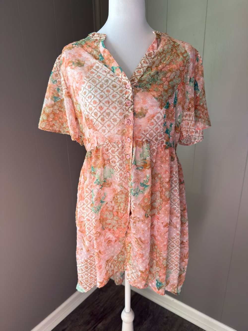 Cato Peach and Teal Floral Blouse